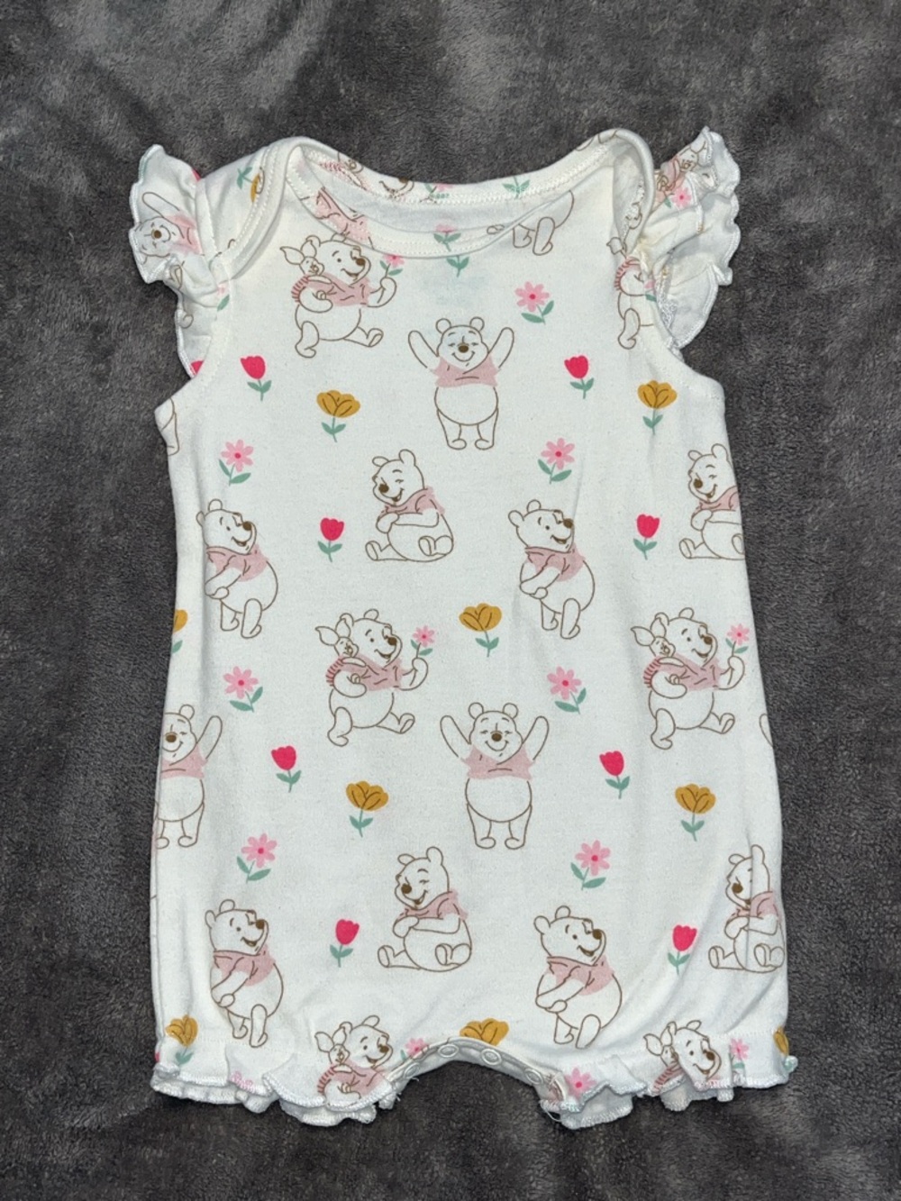 Disney White Baby Romper with Pink & Yellow Floral Winnie the Pooh Print
